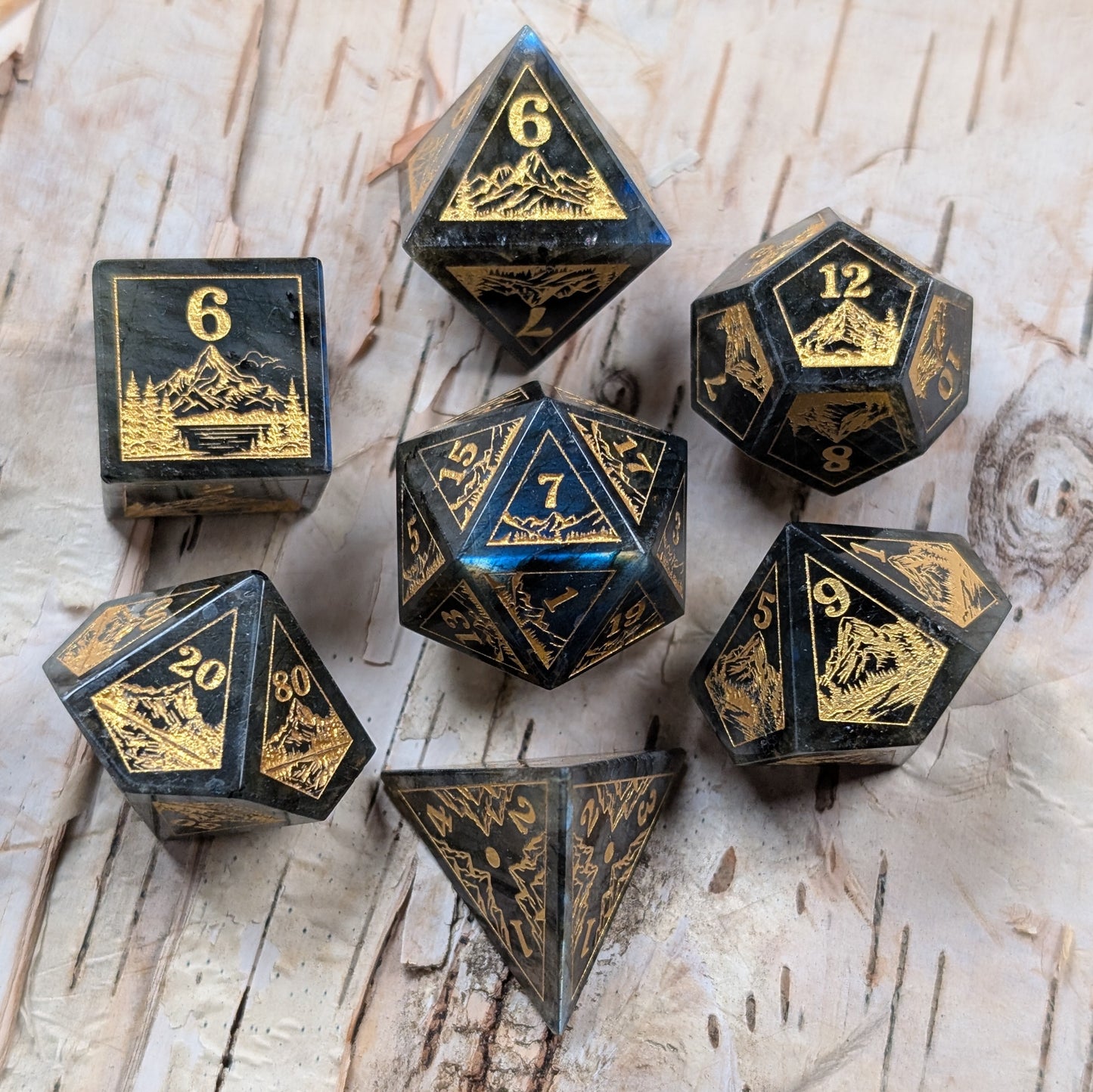 Everwild – Labradorite Gemstone Dice Set, Forest and Mountain Etched, TTRPG 7 Piece Dice