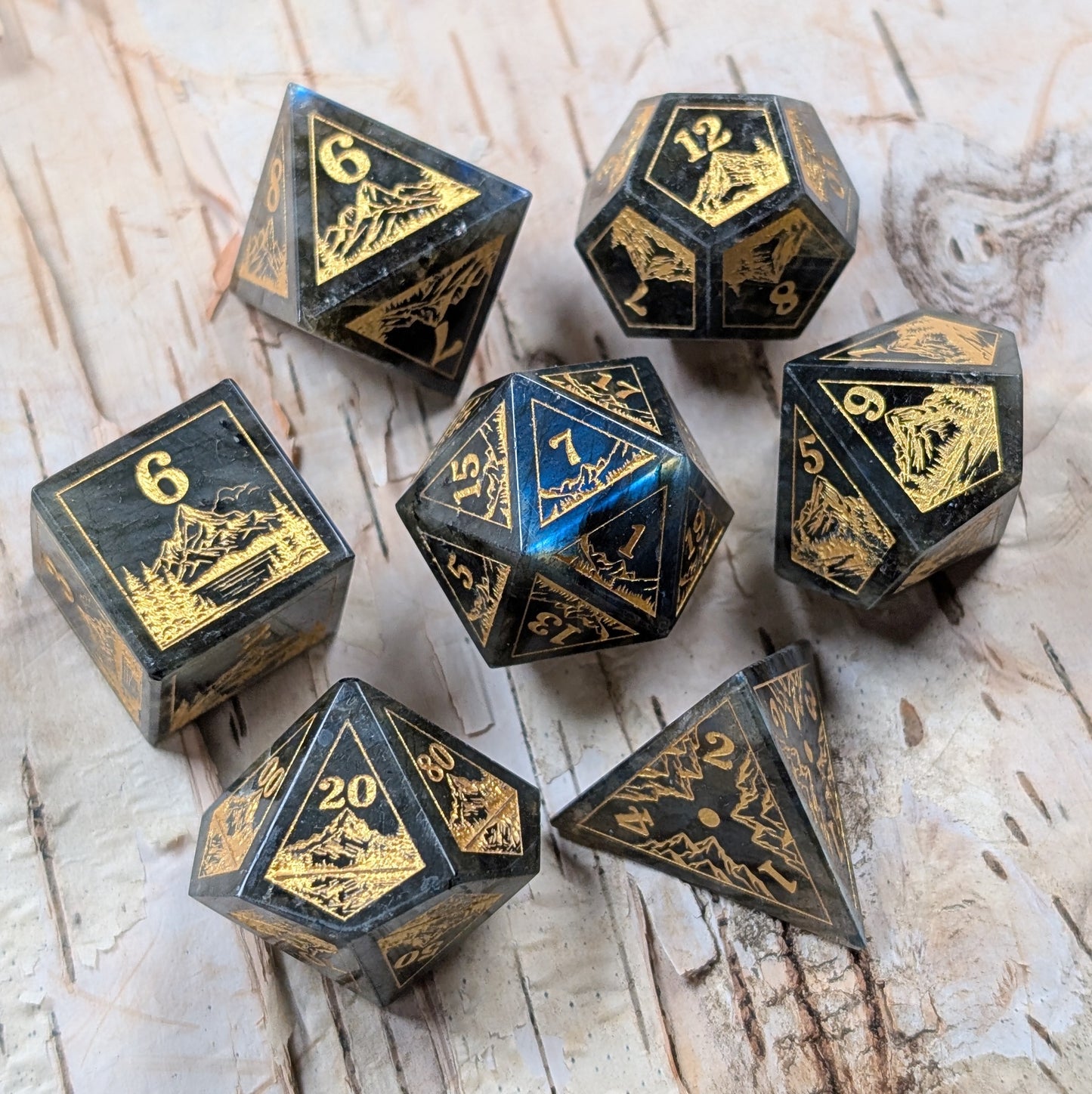 Everwild – Labradorite Gemstone Dice Set, Forest and Mountain Etched, TTRPG 7 Piece Dice
