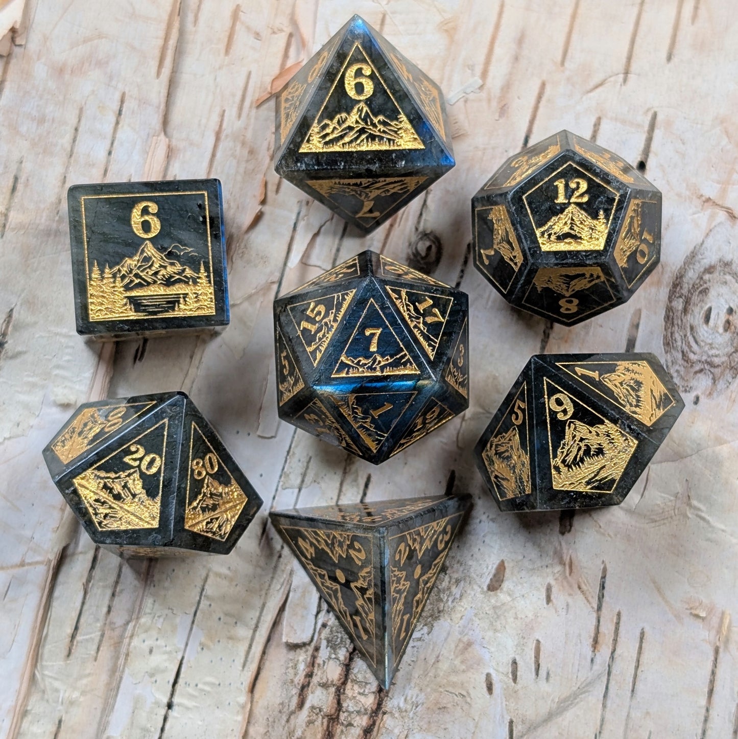 Everwild – Labradorite Gemstone Dice Set, Forest and Mountain Etched, TTRPG 7 Piece Dice