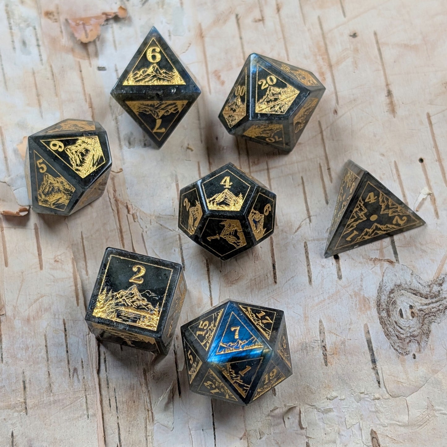 Everwild – Labradorite Gemstone Dice Set, Forest and Mountain Etched, TTRPG 7 Piece Dice