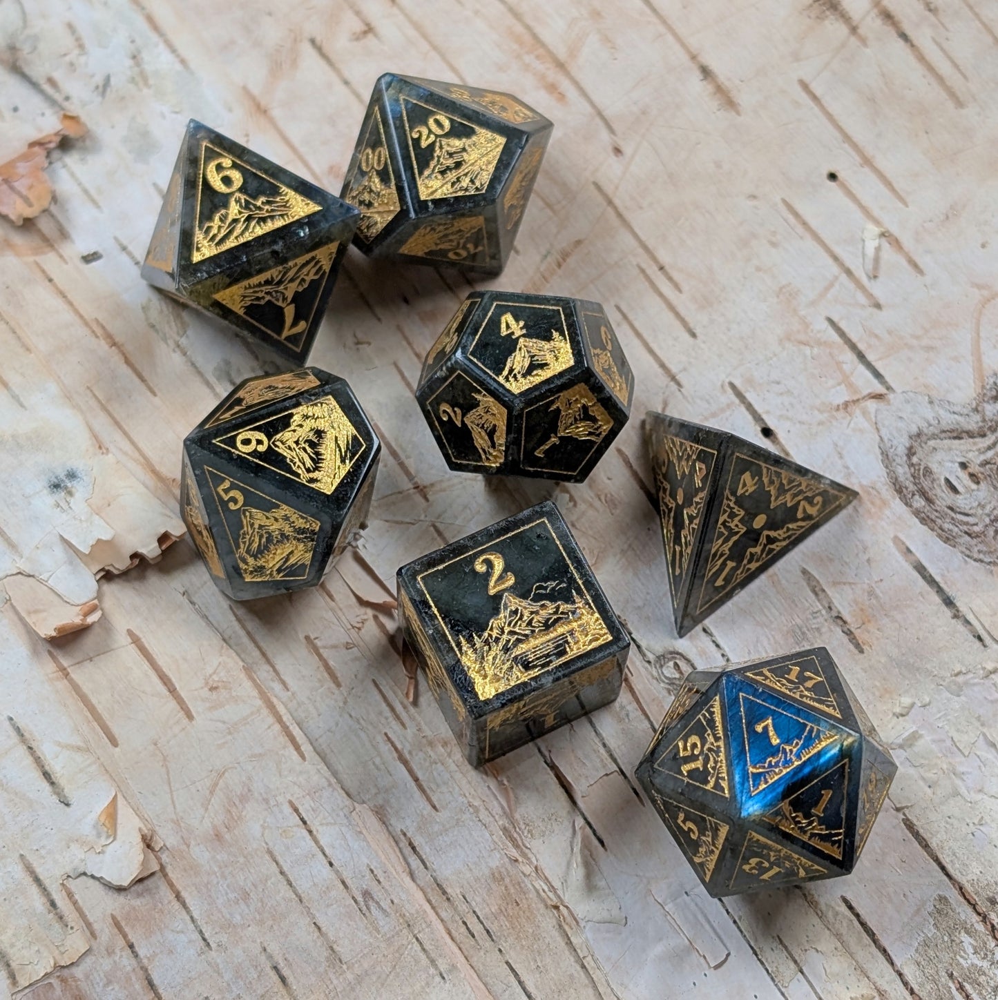 Everwild – Labradorite Gemstone Dice Set, Forest and Mountain Etched, TTRPG 7 Piece Dice