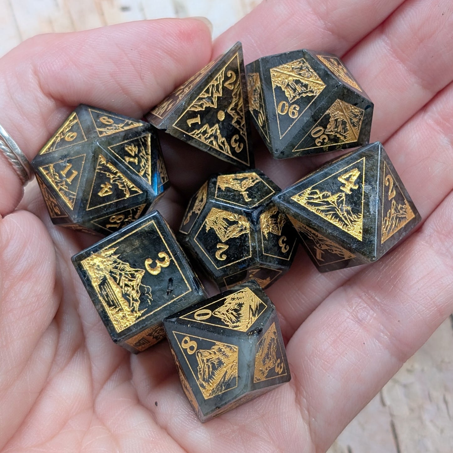 Everwild – Labradorite Gemstone Dice Set, Forest and Mountain Etched, TTRPG 7 Piece Dice