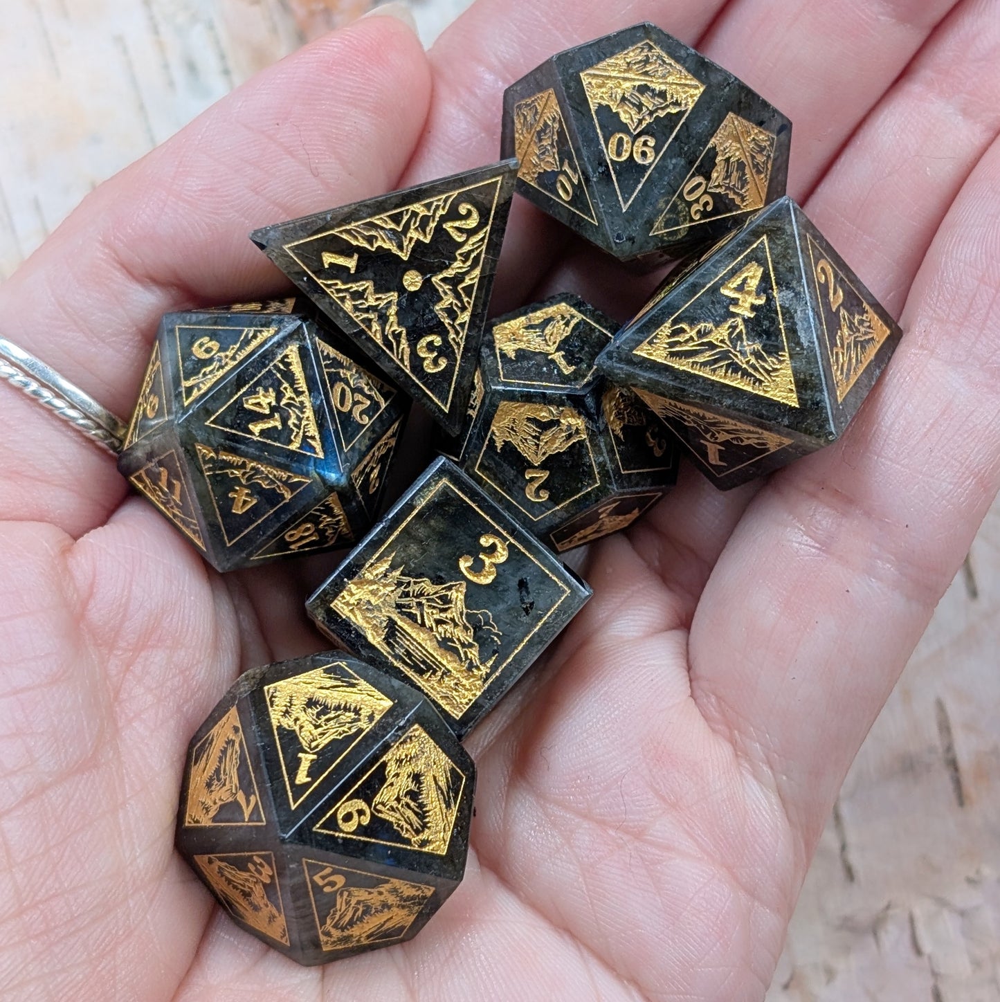 Everwild – Labradorite Gemstone Dice Set, Forest and Mountain Etched, TTRPG 7 Piece Dice