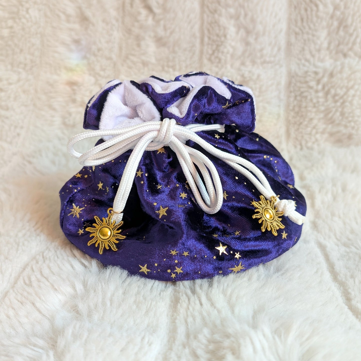 Celestial Starry Multi-Pocket Dice Bag - Deep Purple & White Velvet with Gold Charms Fennek and Finch