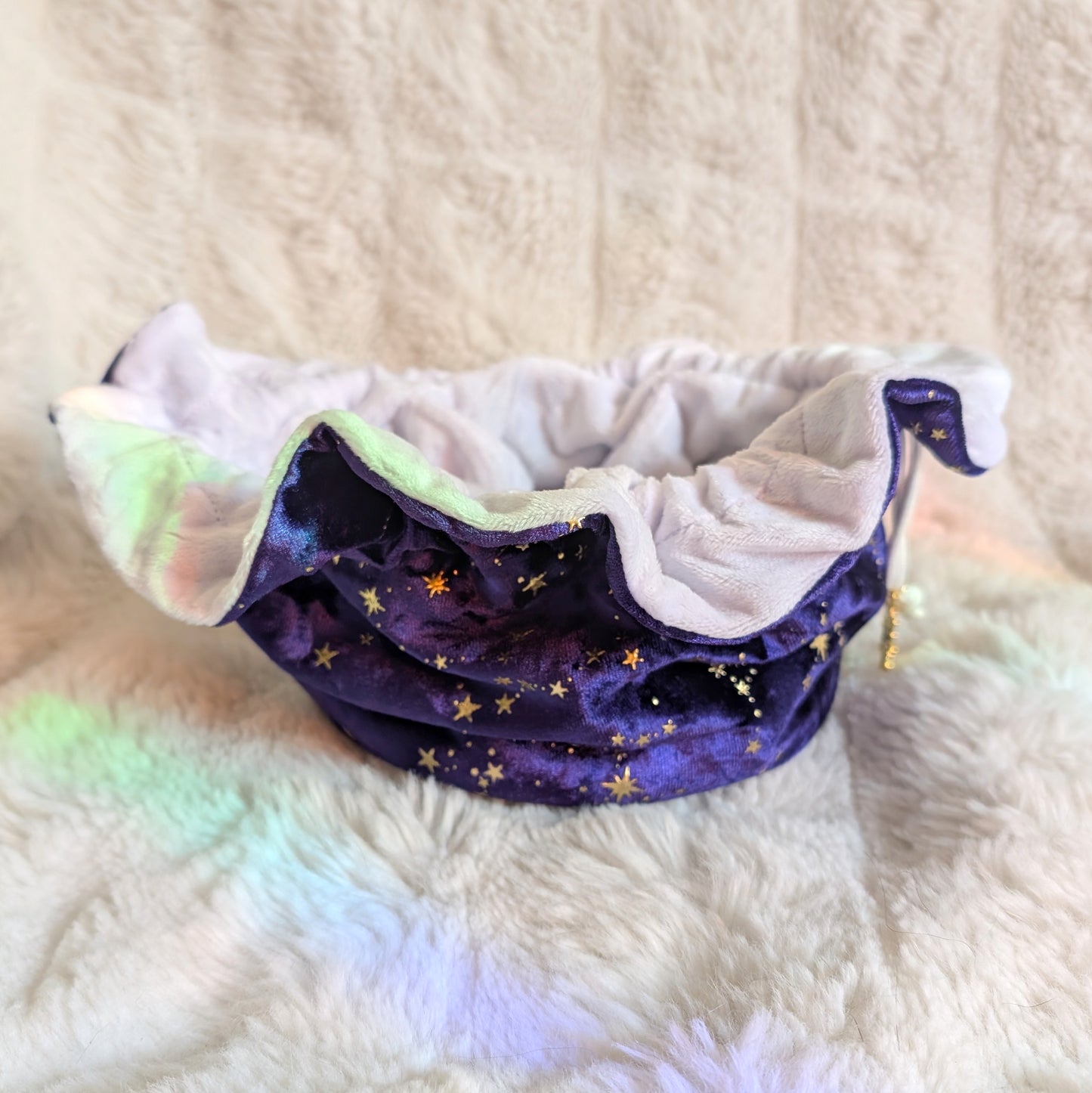 Celestial Starry Multi-Pocket Dice Bag - Deep Purple & White Velvet with Gold Charms Fennek and Finch