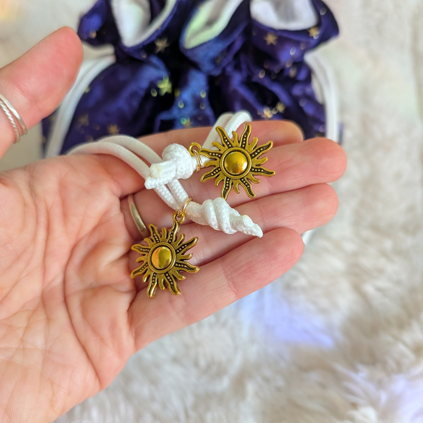 Celestial Starry Multi-Pocket Dice Bag - Deep Purple & White Velvet with Gold Charms Fennek and Finch