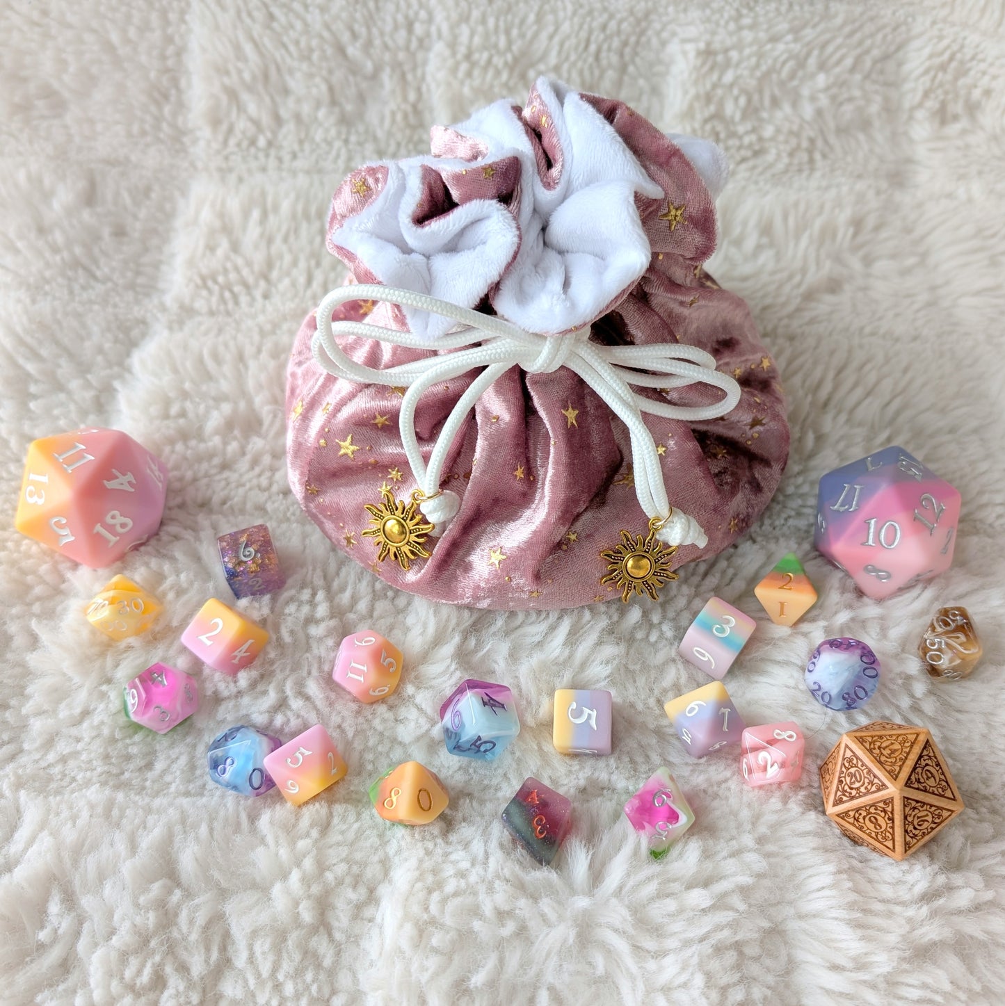 Starlit Rose Dice Bag for DnD, Velvet Multi Pocket Dice Pouch Fennek and Finch
