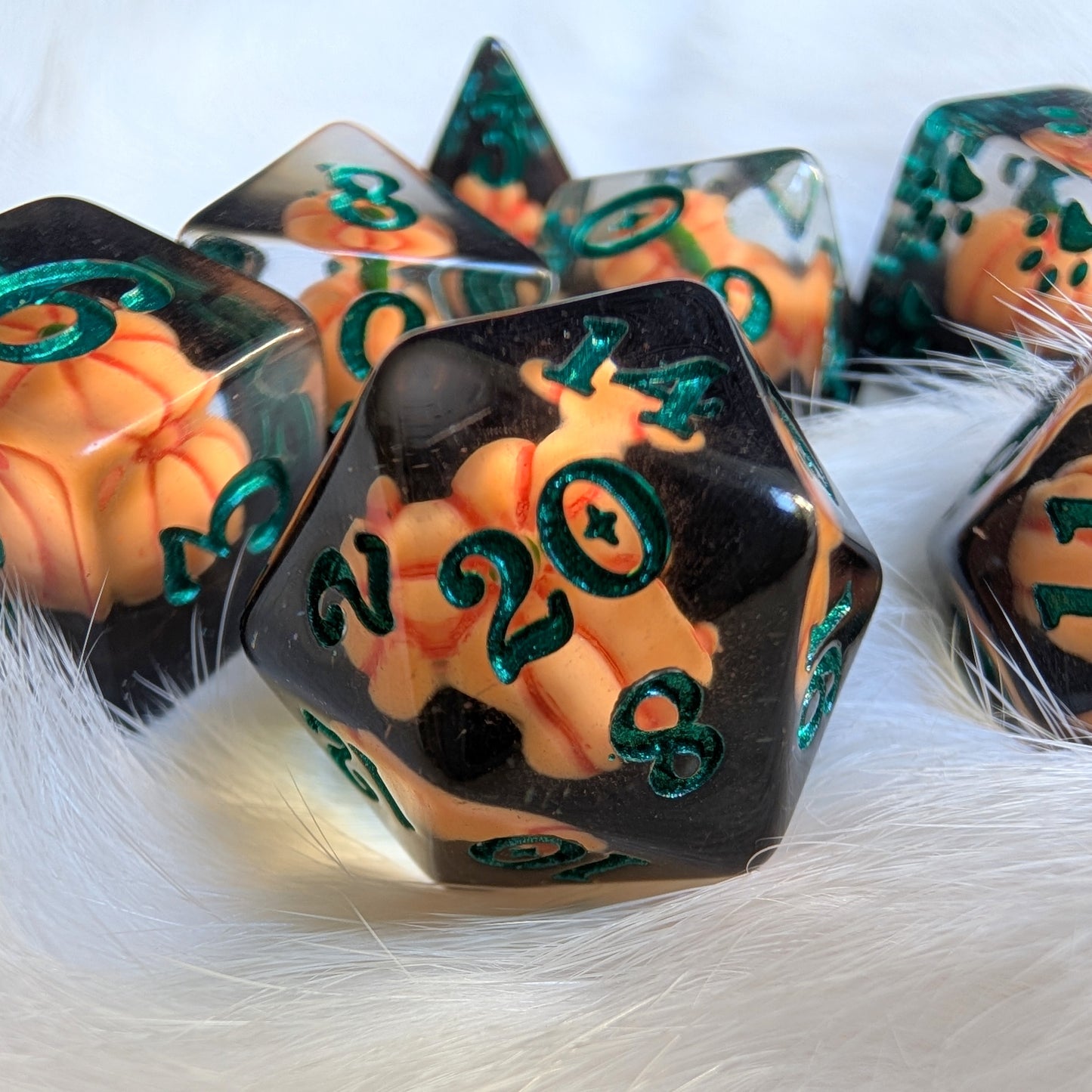 DnD Dice Set Pumpkin Inclusion Black and Green Polyhedral Dice for Tabletop RPG