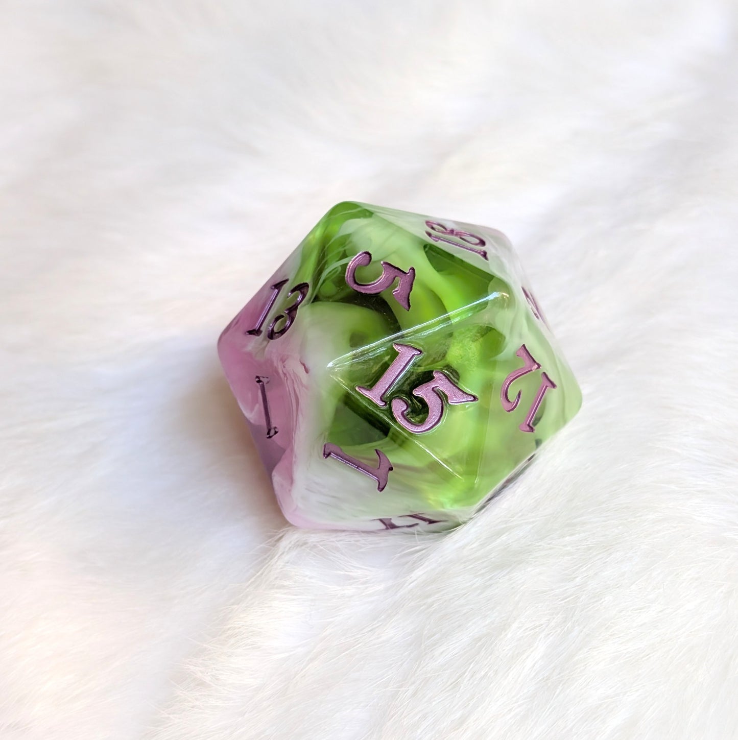 Large D20 Bardic Inspiration Pink Green and White Die for DnD and TTRPG