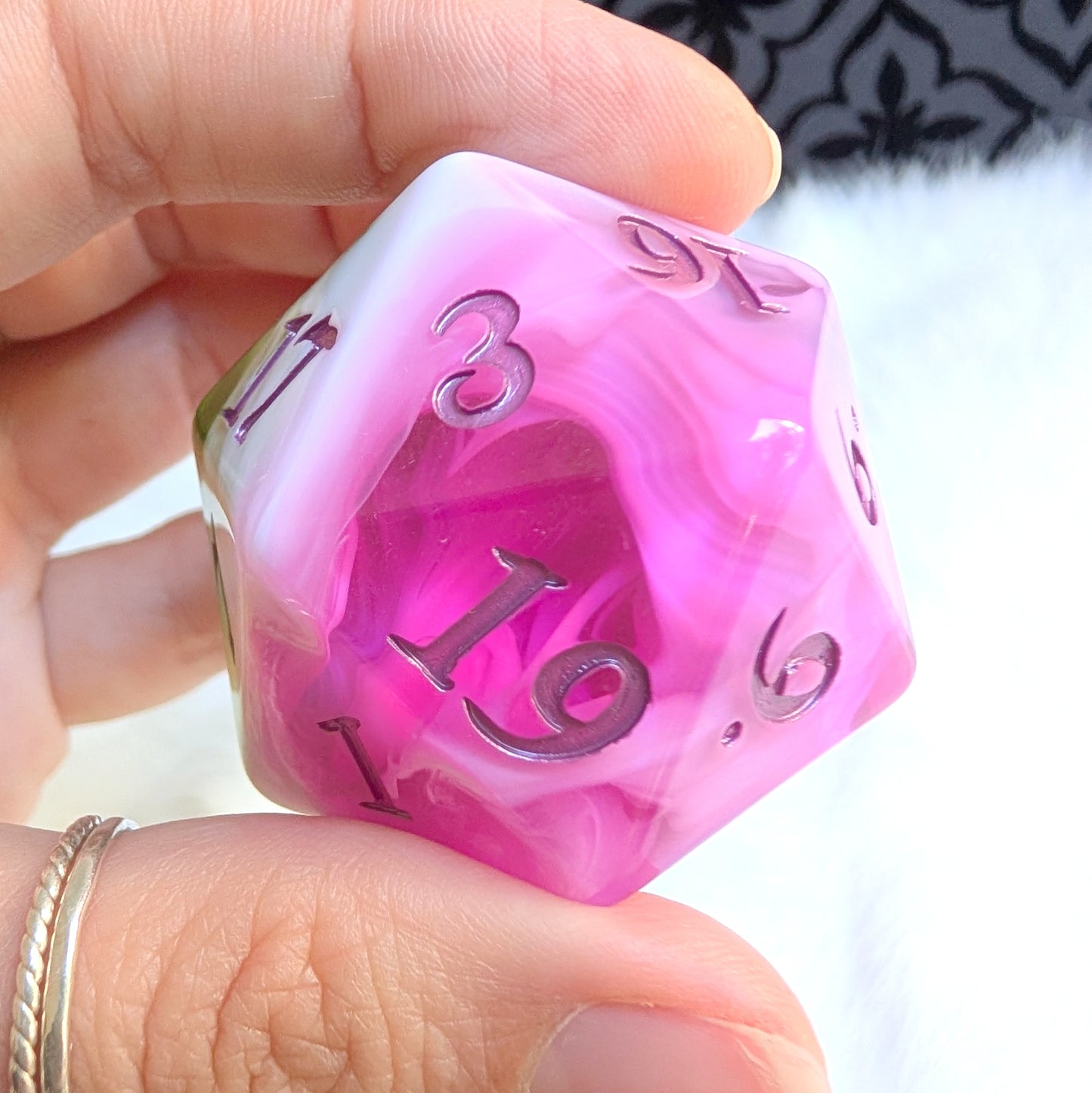 Large D20 Bardic Inspiration Pink Green and White Die for DnD and TTRPG