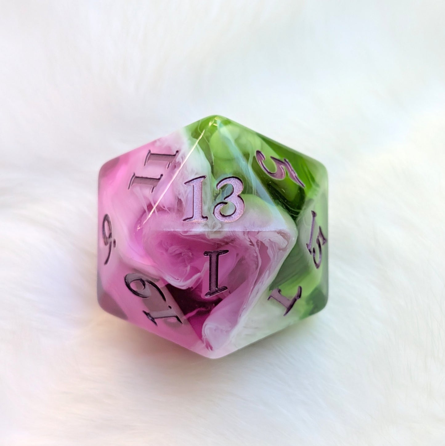 Large D20 Bardic Inspiration Pink Green and White Die for DnD and TTRPG