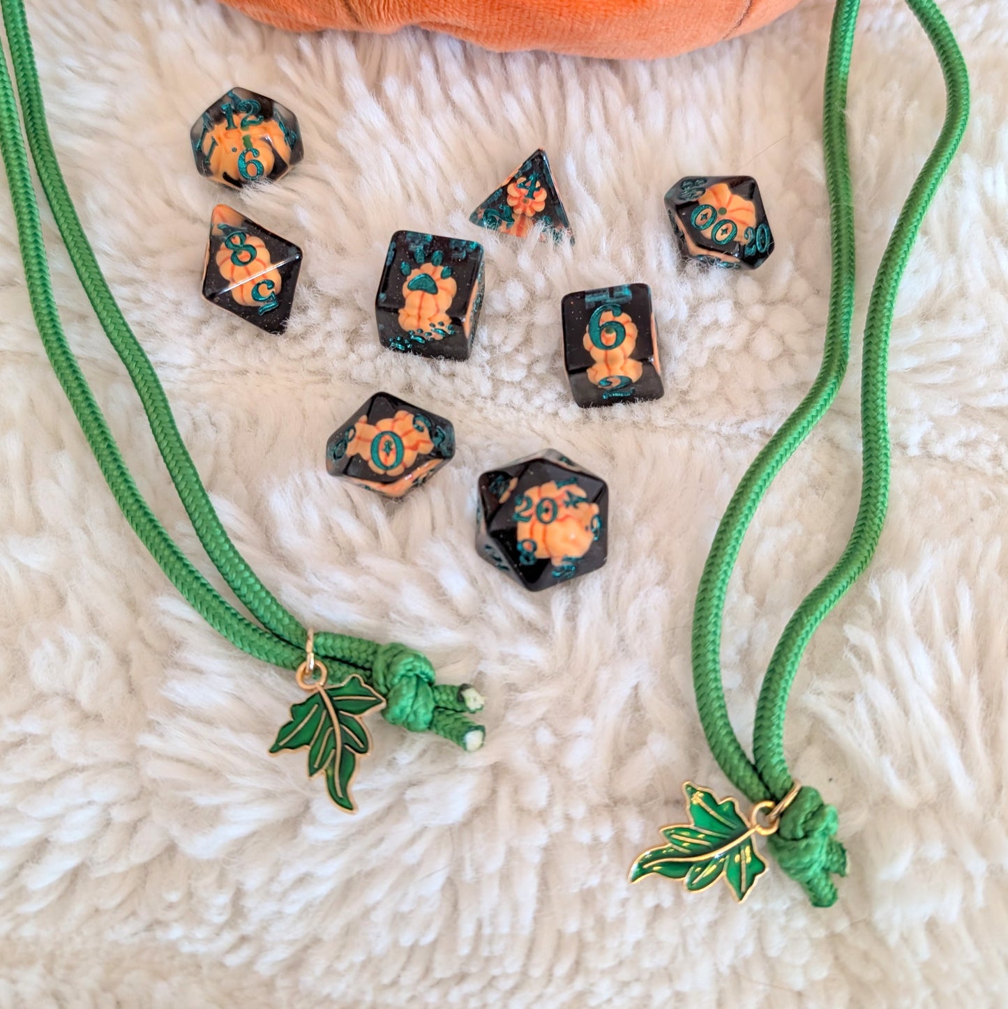 Pumpkin Plush Dice Bag with Pockets Orange and Green Drawstring Bag for DnD and Halloween