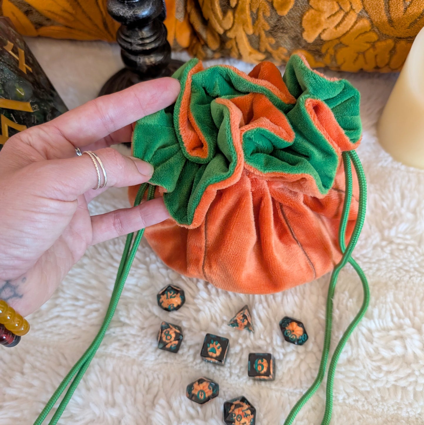 Pumpkin Plush Dice Bag with Pockets Orange and Green Drawstring Bag for DnD and Halloween