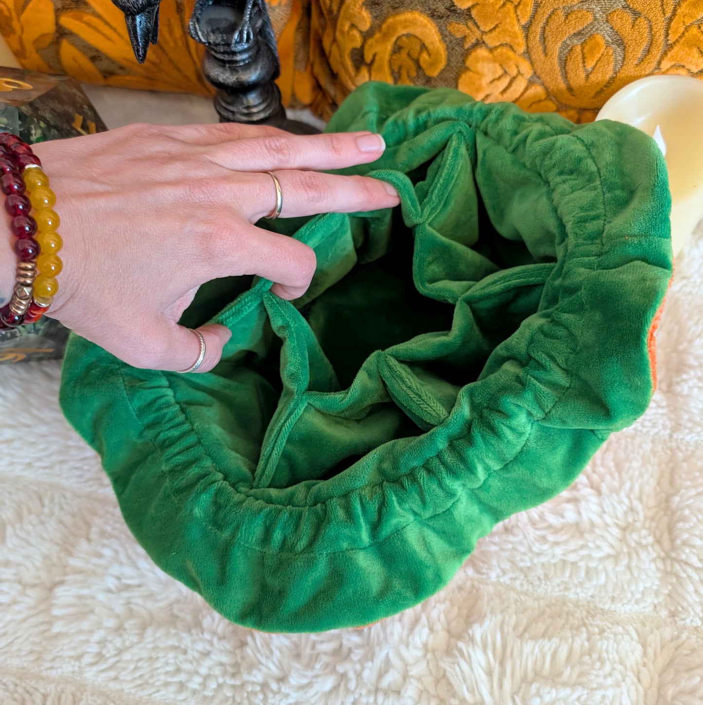 Pumpkin Plush Dice Bag with Pockets Orange and Green Drawstring Bag for DnD and Halloween