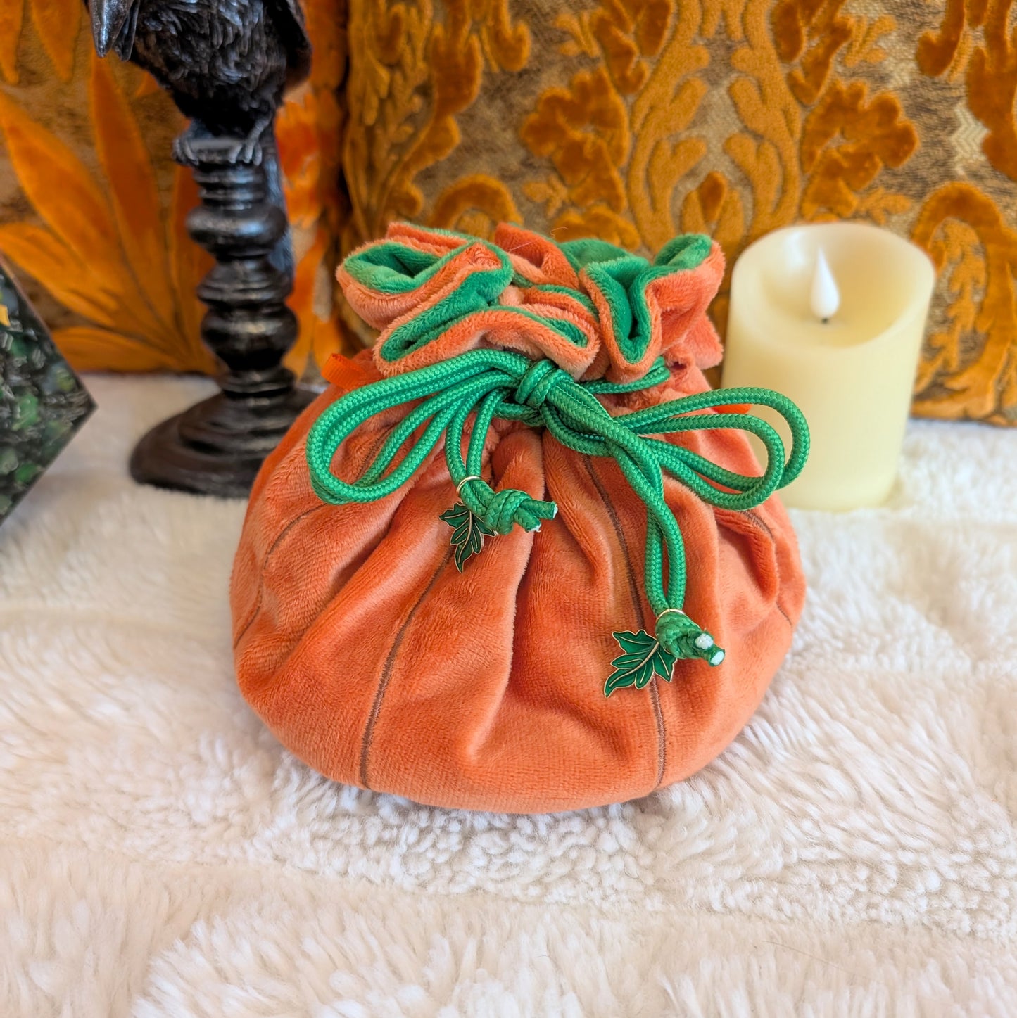Pumpkin Plush Dice Bag with Pockets Orange and Green Drawstring Bag for DnD and Halloween
