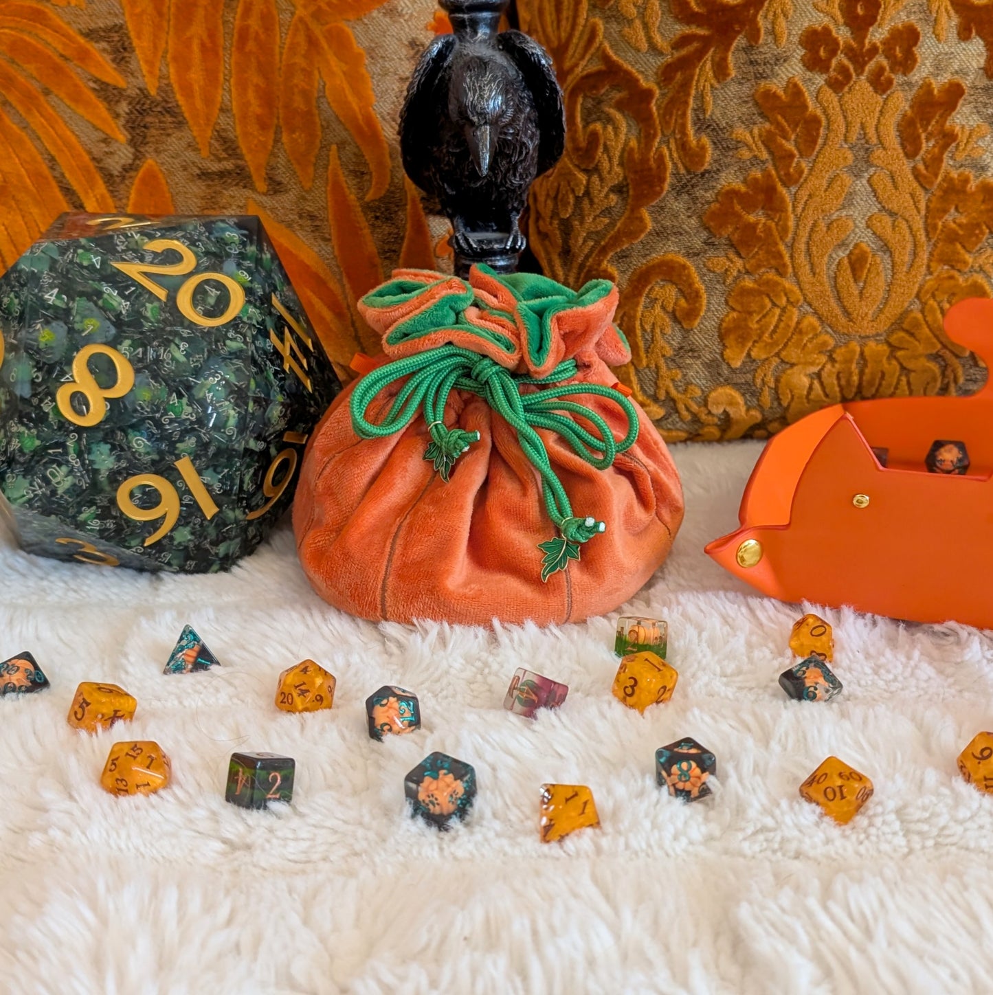 Pumpkin Plush Dice Bag with Pockets Orange and Green Drawstring Bag for DnD and Halloween