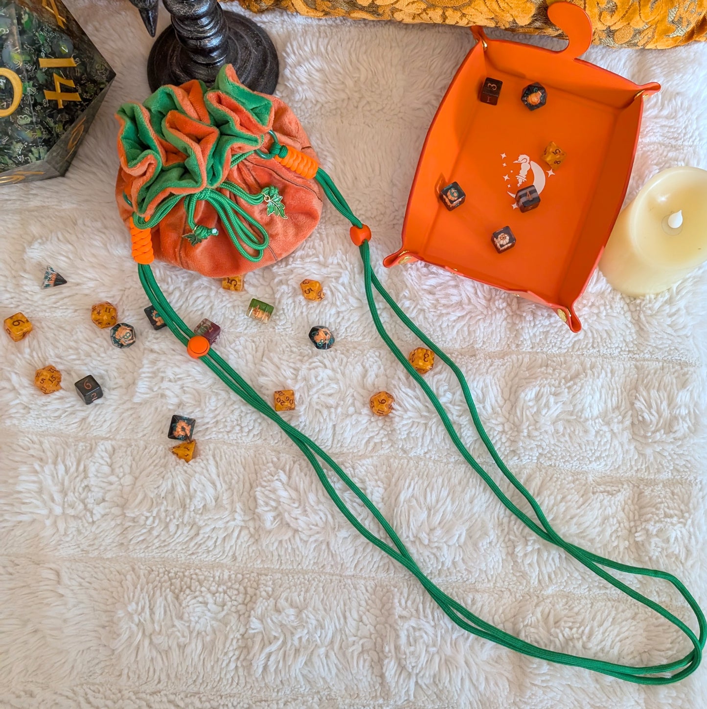 Pumpkin Plush Dice Bag with Pockets Orange and Green Drawstring Bag for DnD and Halloween