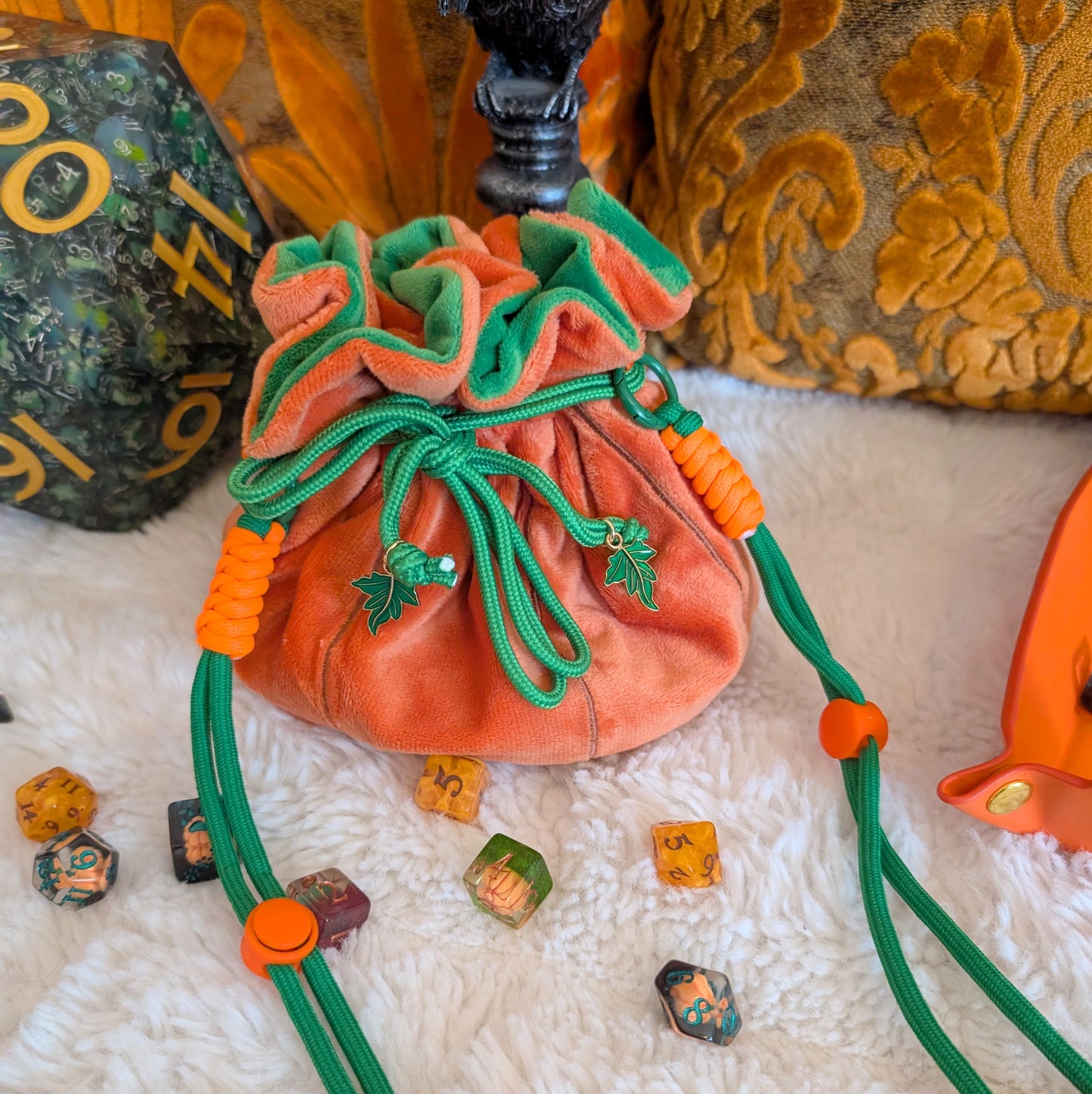 Pumpkin Plush Dice Bag with Pockets Orange and Green Drawstring Bag for DnD and Halloween