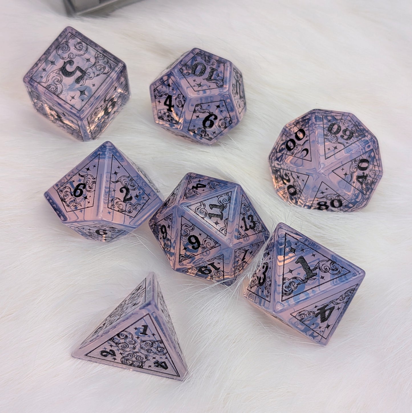 Dreamy Purple Opalite Dice Set – Gemstone DnD Dice with Black Font | Fennek & Finch
