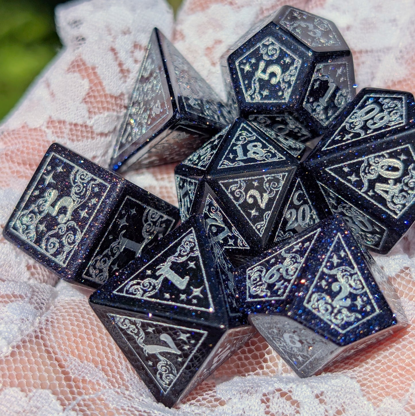 Dreamy Blue Goldstone with Silver Dice Set – 7-Piece Gemstone DnD Dice with Silver Celestial Symbols | Fennek & Finch