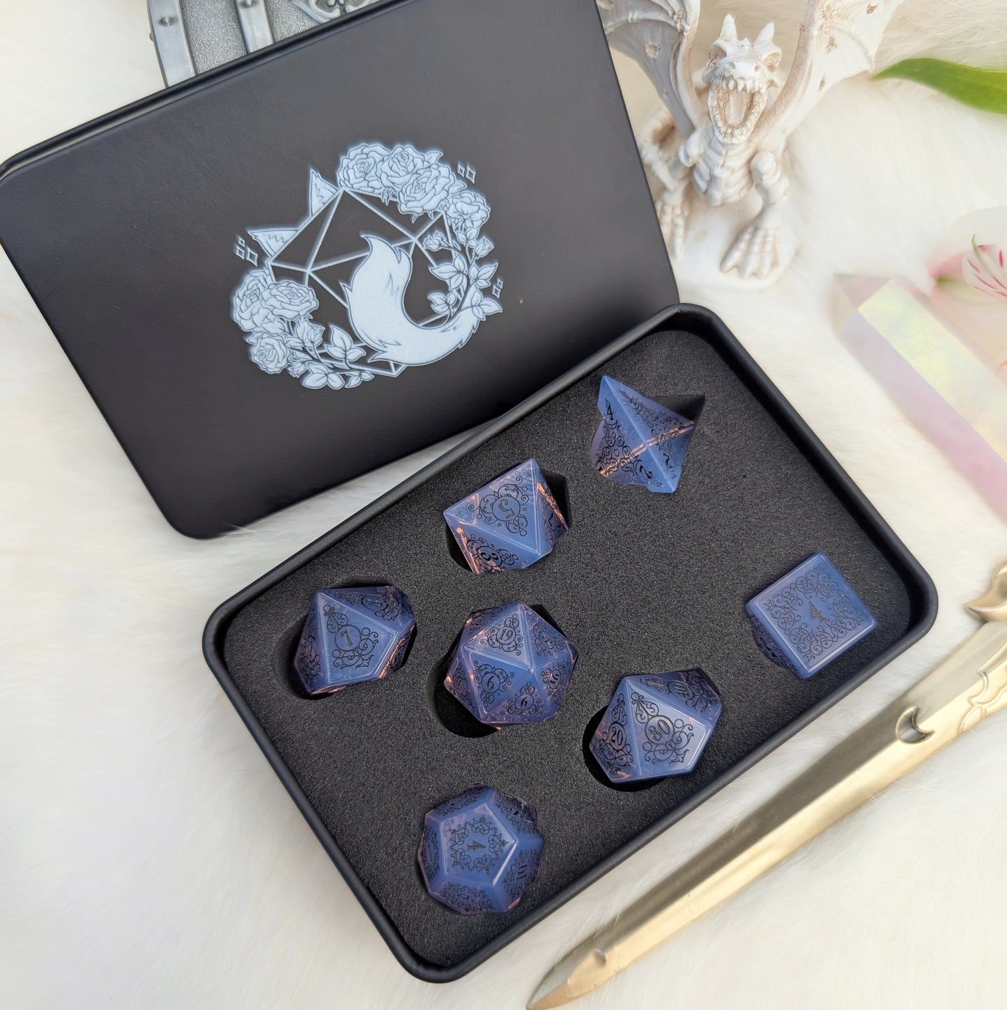 Garden Gate Purple Opalite Gemstone DnD Dice with Black Font | Fennek & Finch