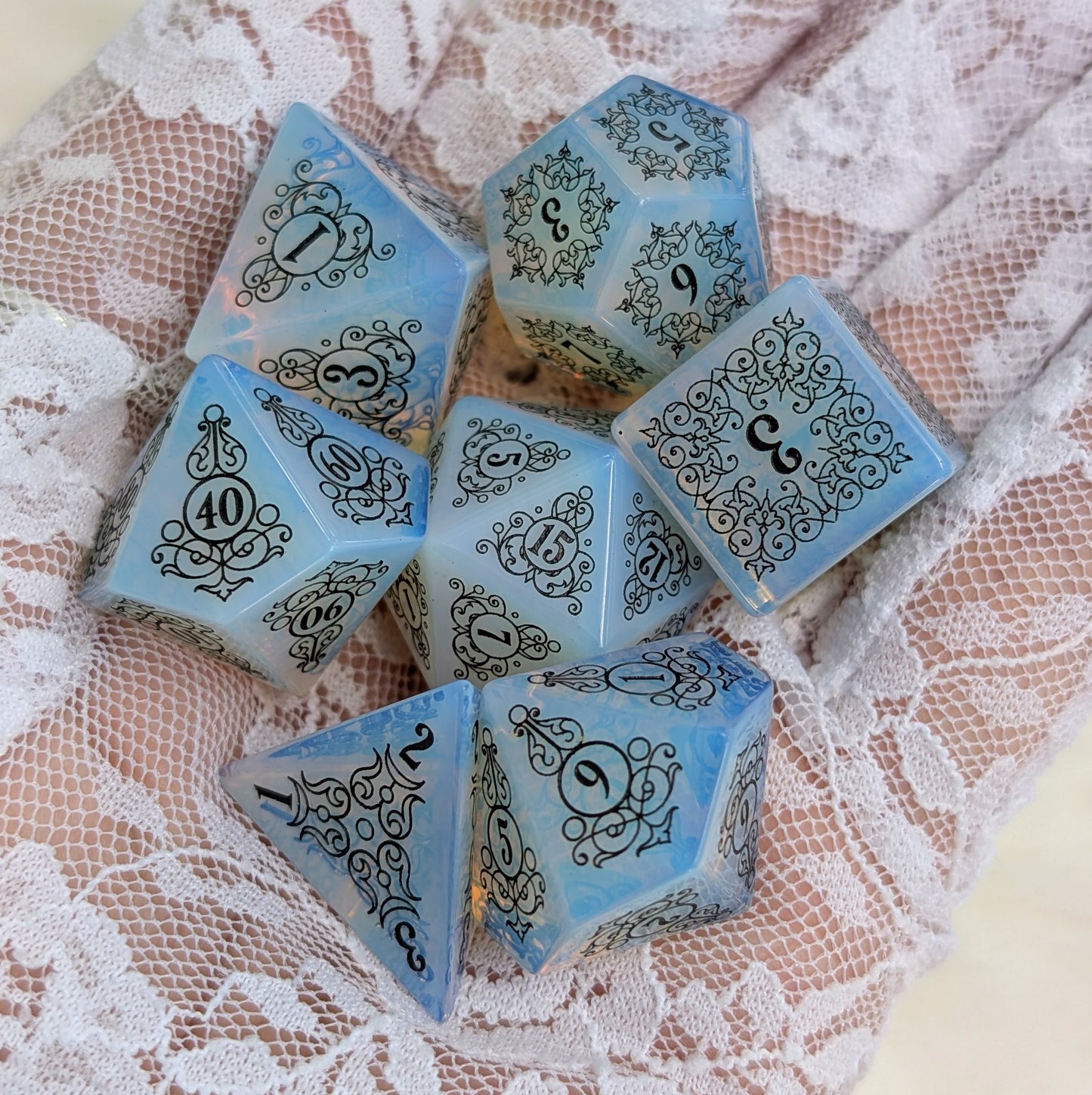 Garden Gate Opalite Gemstone DnD Dice with Black Font | Fennek & Finch
