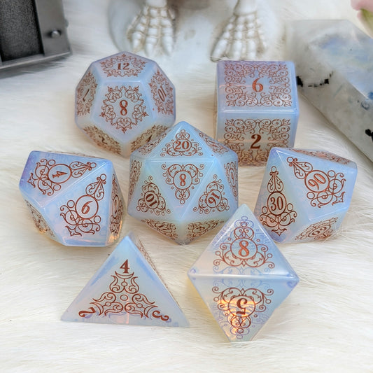 Garden Gate Opalite Gemstone DnD Dice with Copper Font | Fennek & Finch