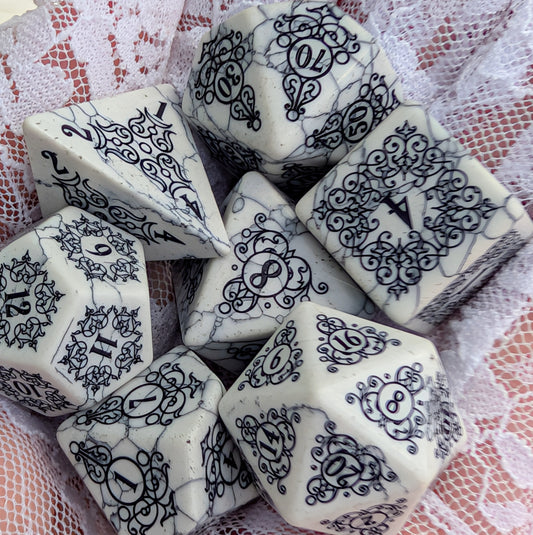 Garden Gate White Howlite Gemstone Dice Set with Black Font | Fennek & Finch