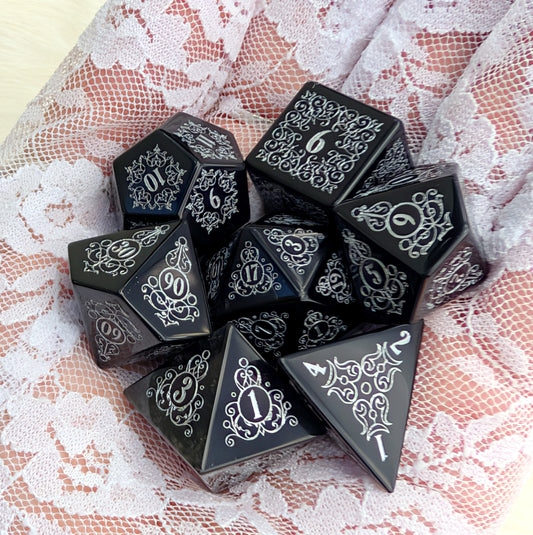 Garden Gate Obsidian Gemstone Dice Set with Silver Font | Fennek & Finch