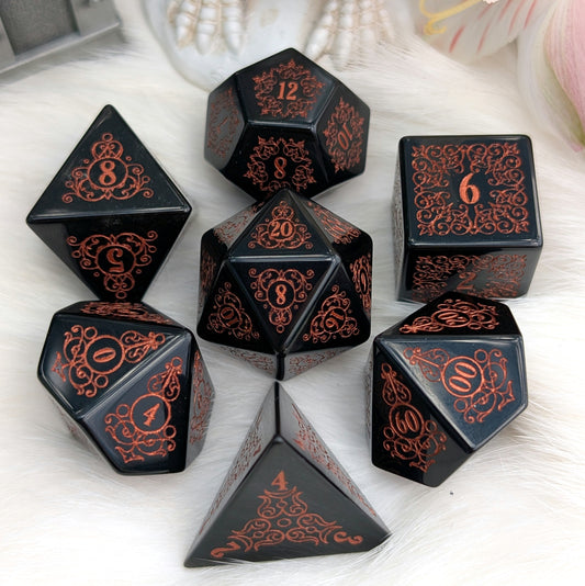 Garden Gate Obsidian Gemstone Dice Set with Copper Font | Fennek & Finch