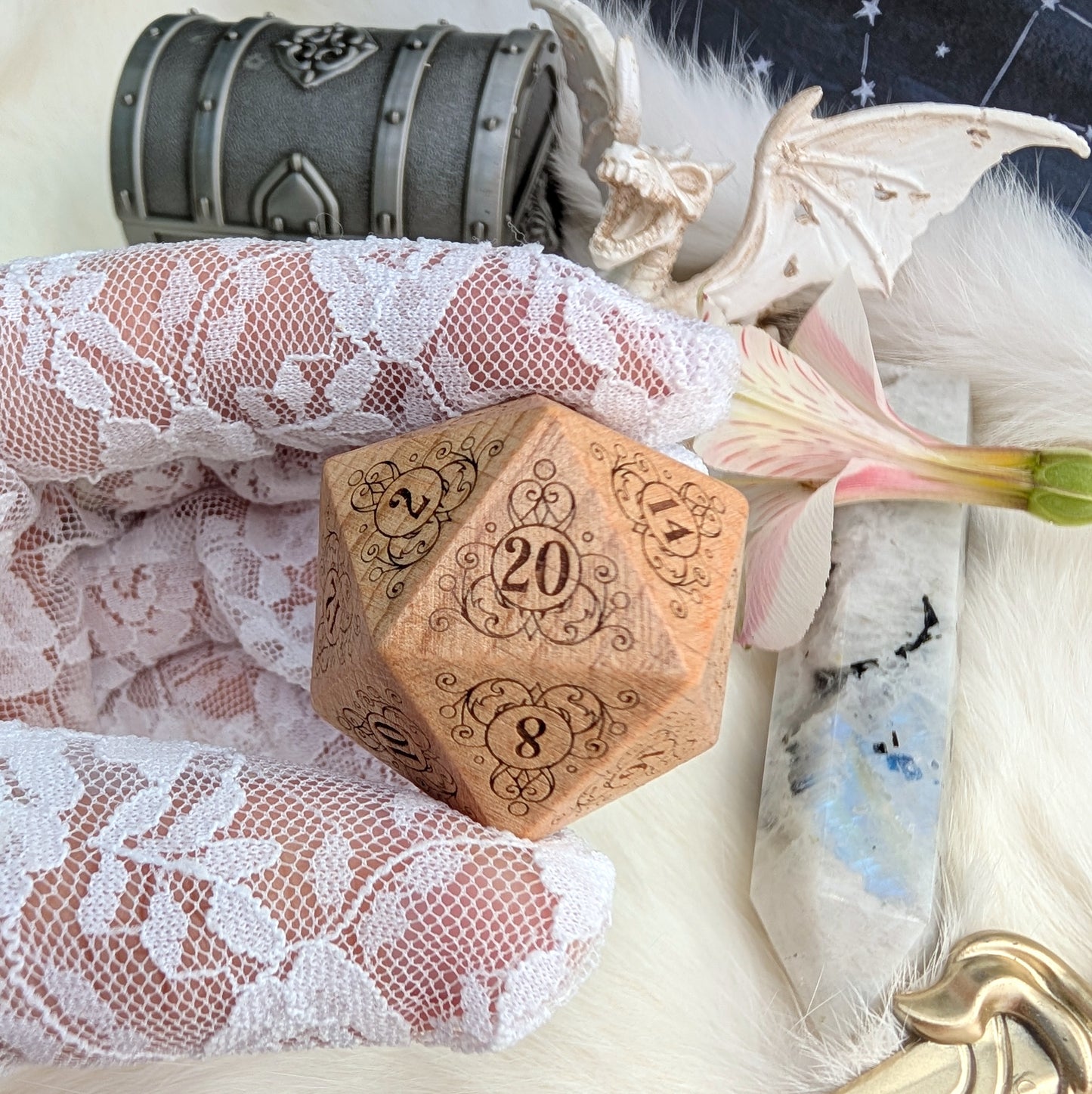 Garden Gate Large Wood D20 in Sandalwood – Art Nouveau Engraved Wooden Die | Fennek & Finch