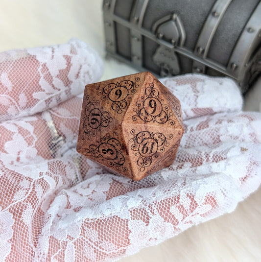 Garden Gate Large Wood D20 in Rose Wood – Art Nouveau Engraved Wooden Die | Fennek & Finch