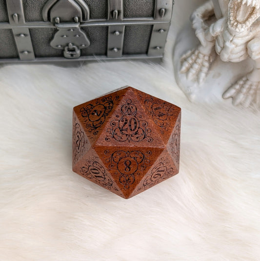 Garden Gate Large Wood D20 in Sandalwood – Art Nouveau Engraved Wooden Die | Fennek & Finch