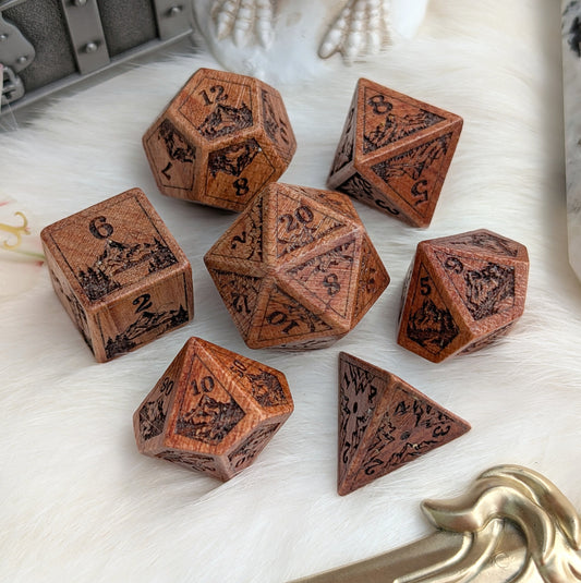 Everwild Rosewood Dice Set – Mountains & Forest Engravings with Glossy Finish (7-Piece)