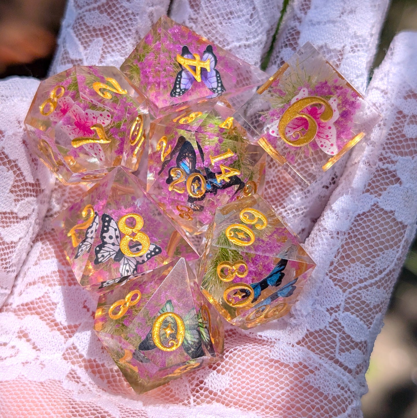 Butterfly Fields Dice Set, Botanical Sharp Edge Resin DnD Dice