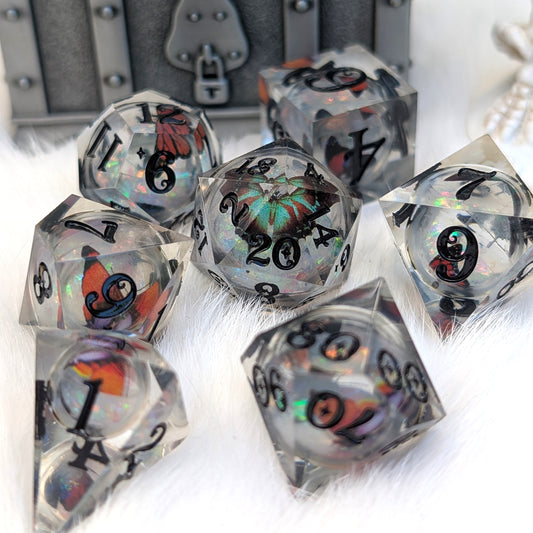 Prismatic Butterfly Orb Dice Set, Liquid Core Sharp Edge Resin DnD Dice