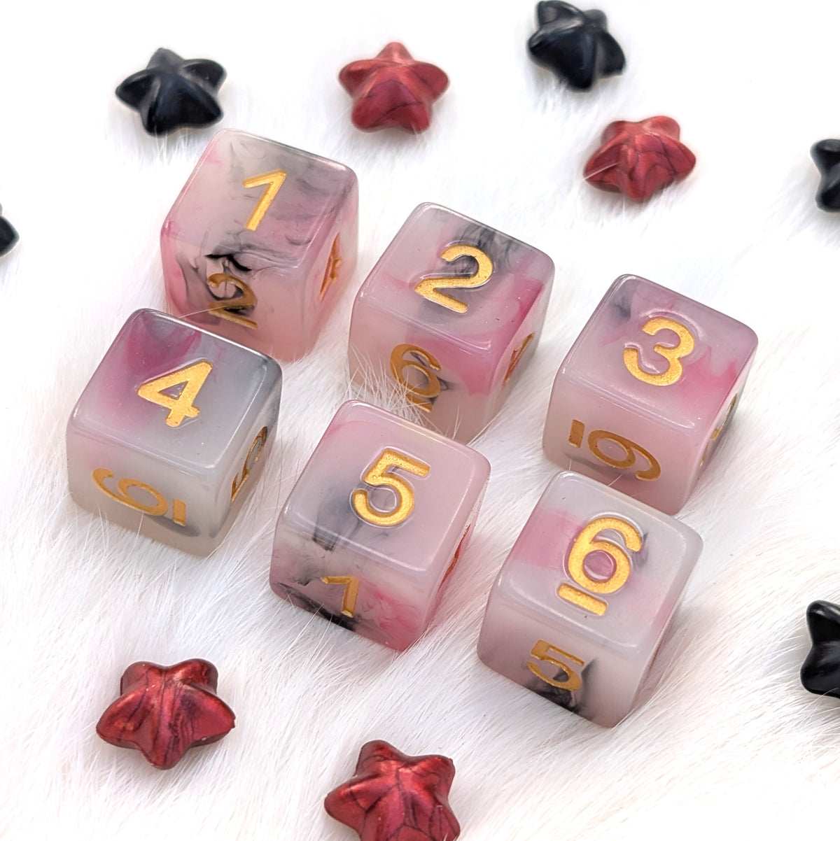 6 Piece D6 Dice Set - White Resin with Red & Black Ink - Potion No. 13