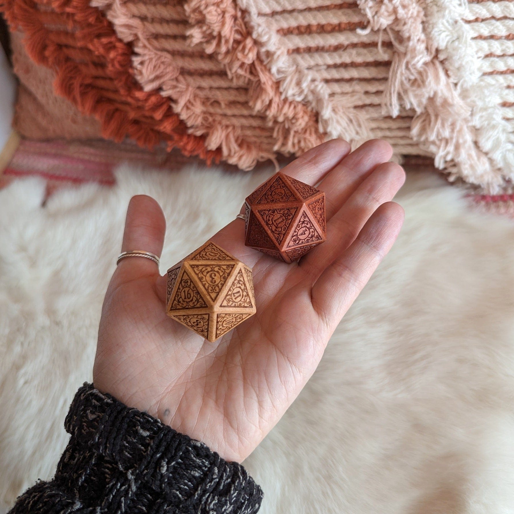 A Handsome Pair of Garden Gate Wood D20s Dice sets Fennek and Finch