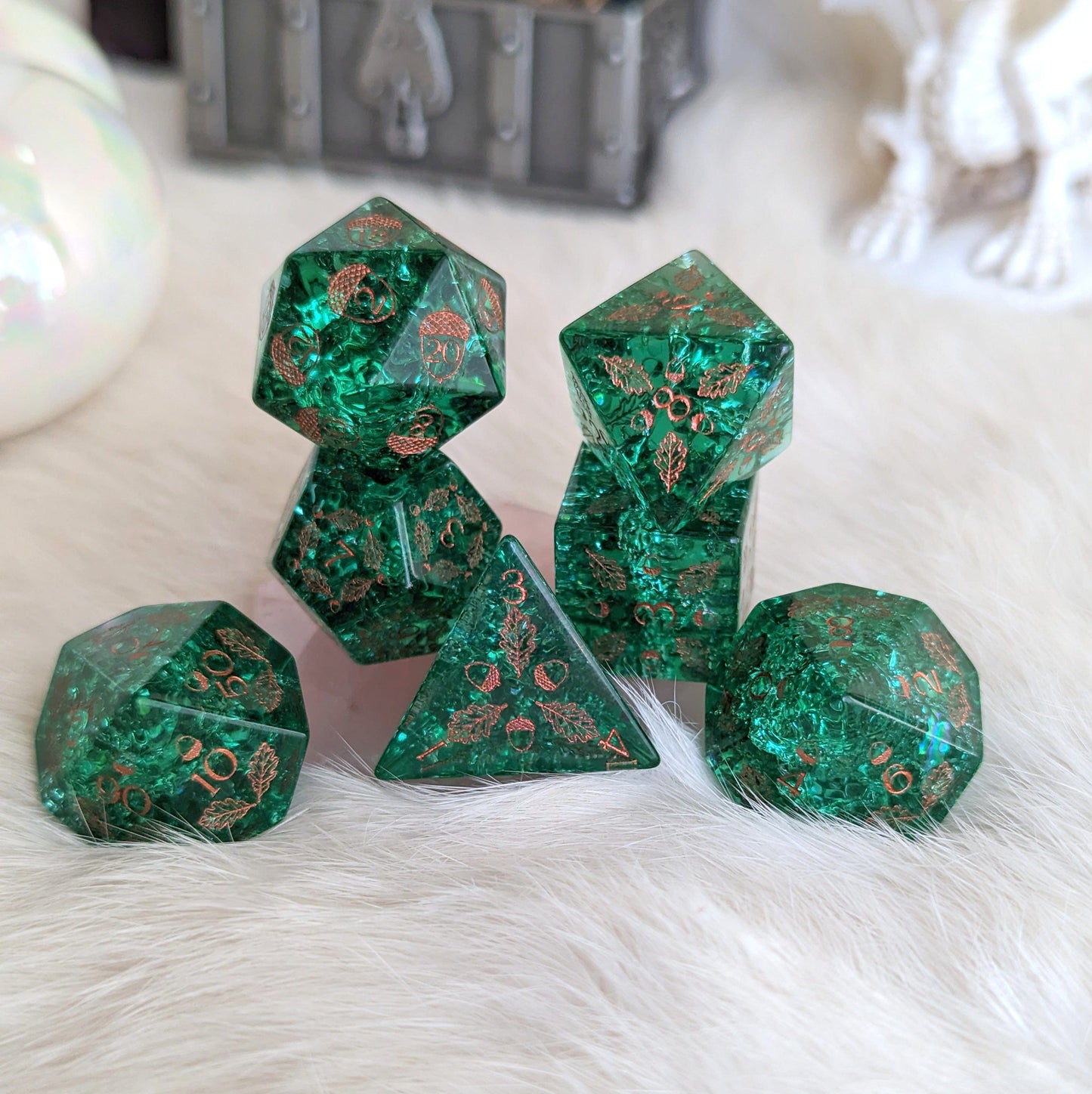 Acorn and Oak Green Lightning Glass Dice Set with intricate leaf designs, perfect for gaming druids and fantasy role-playing enthusiasts.
