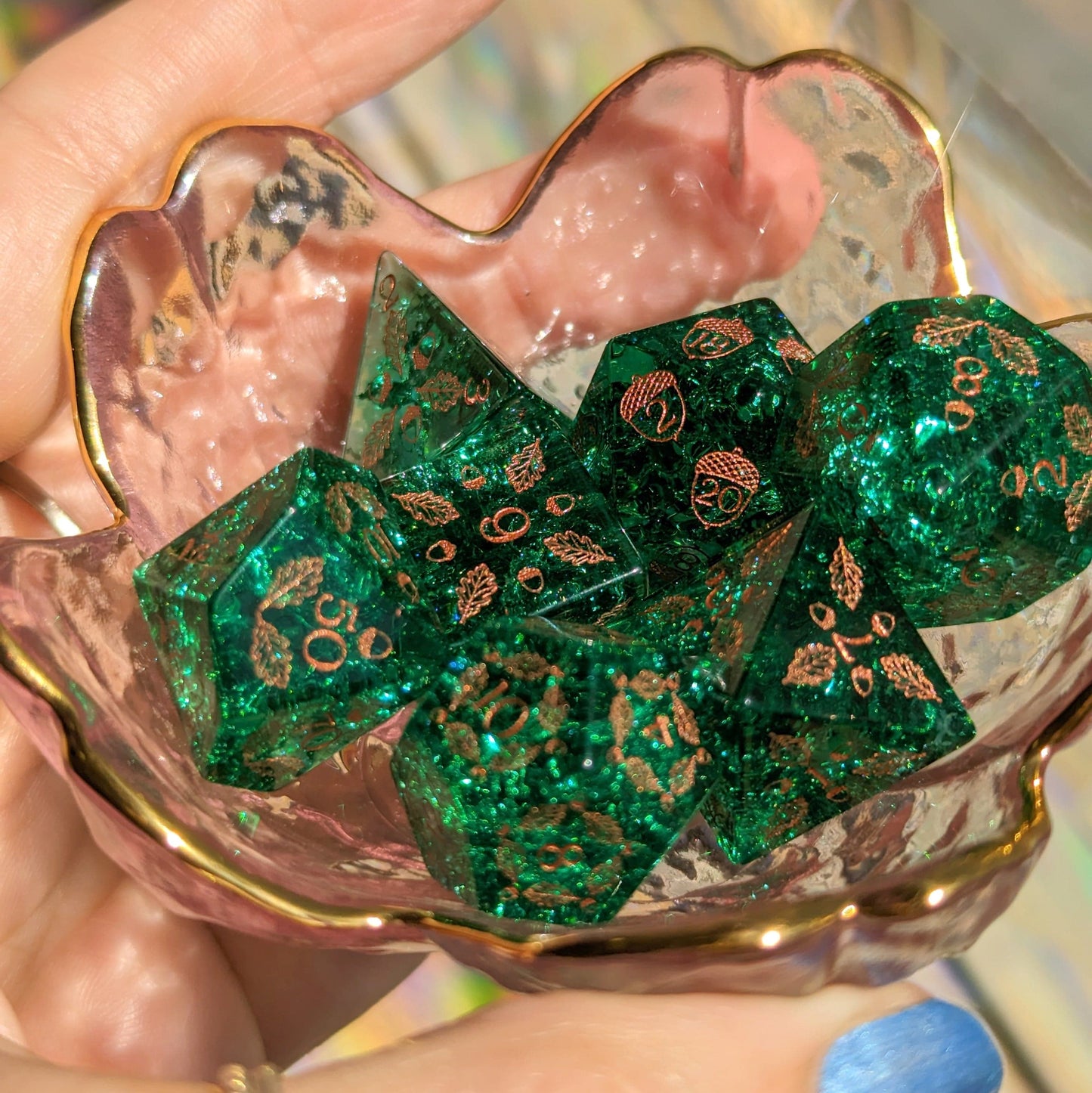 Acorn and Oak Green Lightning Glass Dice Set with acorn and oak leaf design in a decorative glass bowl for tabletop gaming.