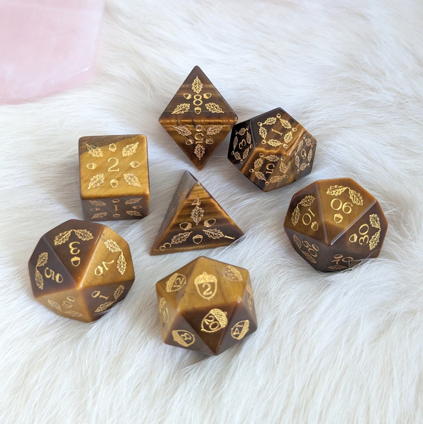 Acorn and Oak Tiger Eye Dice Set. Dice Sets & Games Fennek and Finch