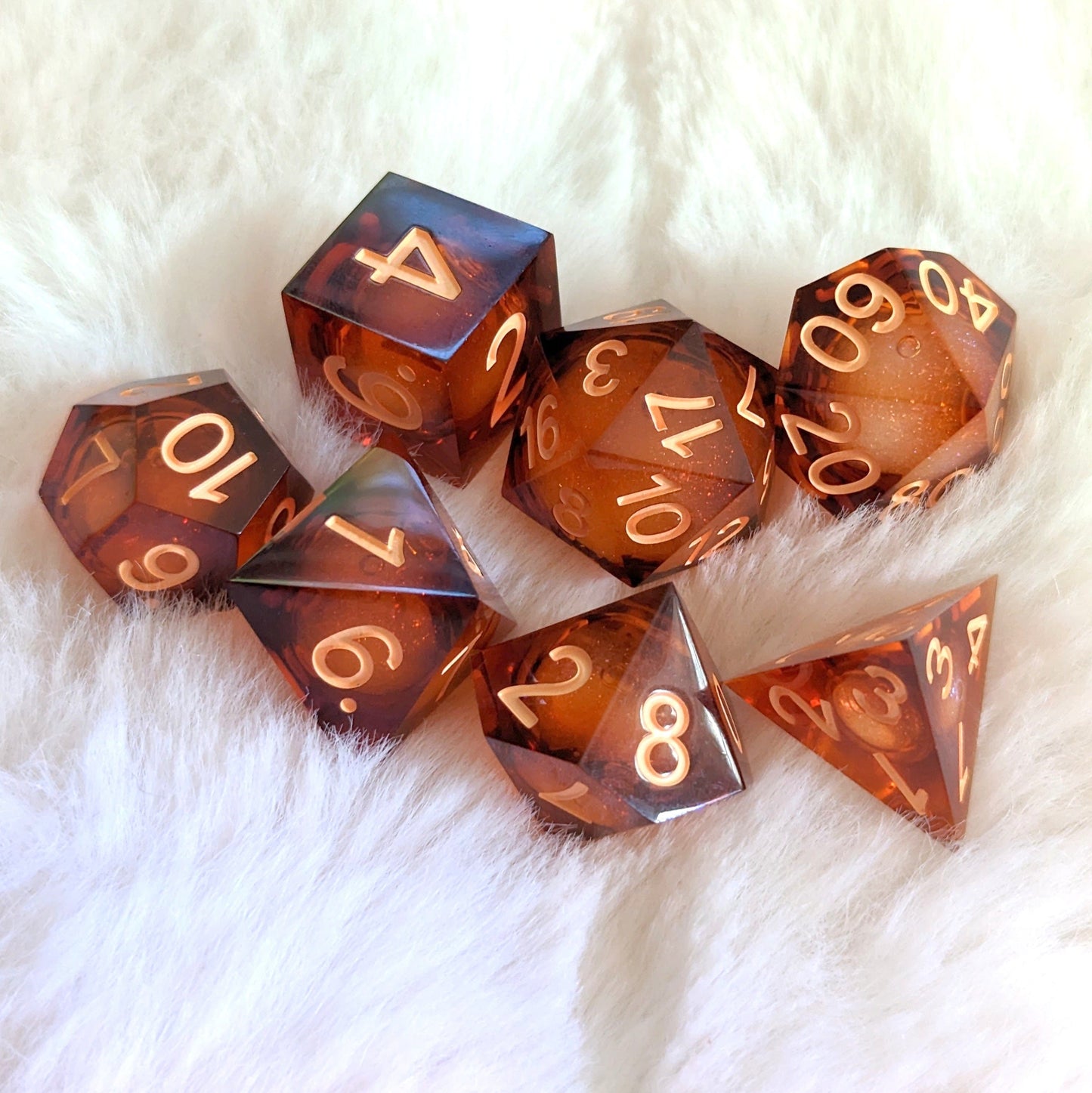 Amber Ale Liquid Core Sharp Edge Resin DnD Dice Set