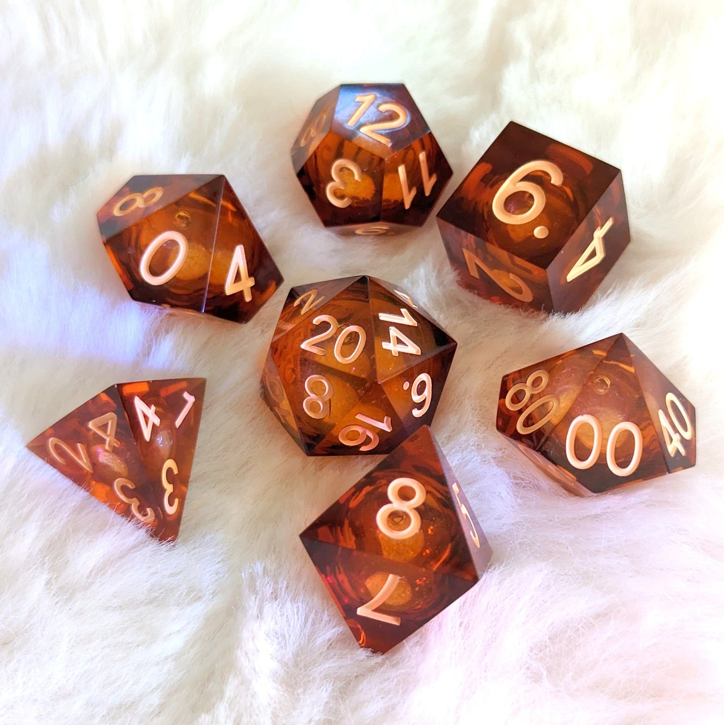 Amber Ale Liquid Core Sharp Edge Resin DnD Dice Set