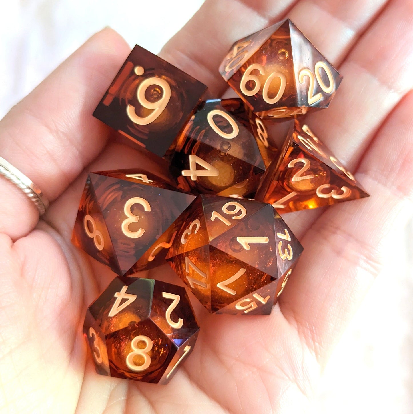 Amber Ale Liquid Core Sharp Edge Resin DnD Dice Set
