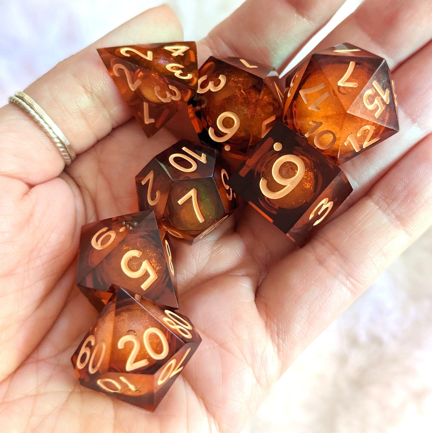 ⨠Amber Ale Liquid Core Sharp Edge Resin DnD Dice Set Dice Sets & Games Fennek and Finch