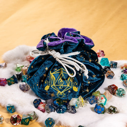 Bard Dice Bag: Blue Velvet & Golden Stars, Embroidered D20, Multi-Pocket TTRPG Storage Fennek and Finch