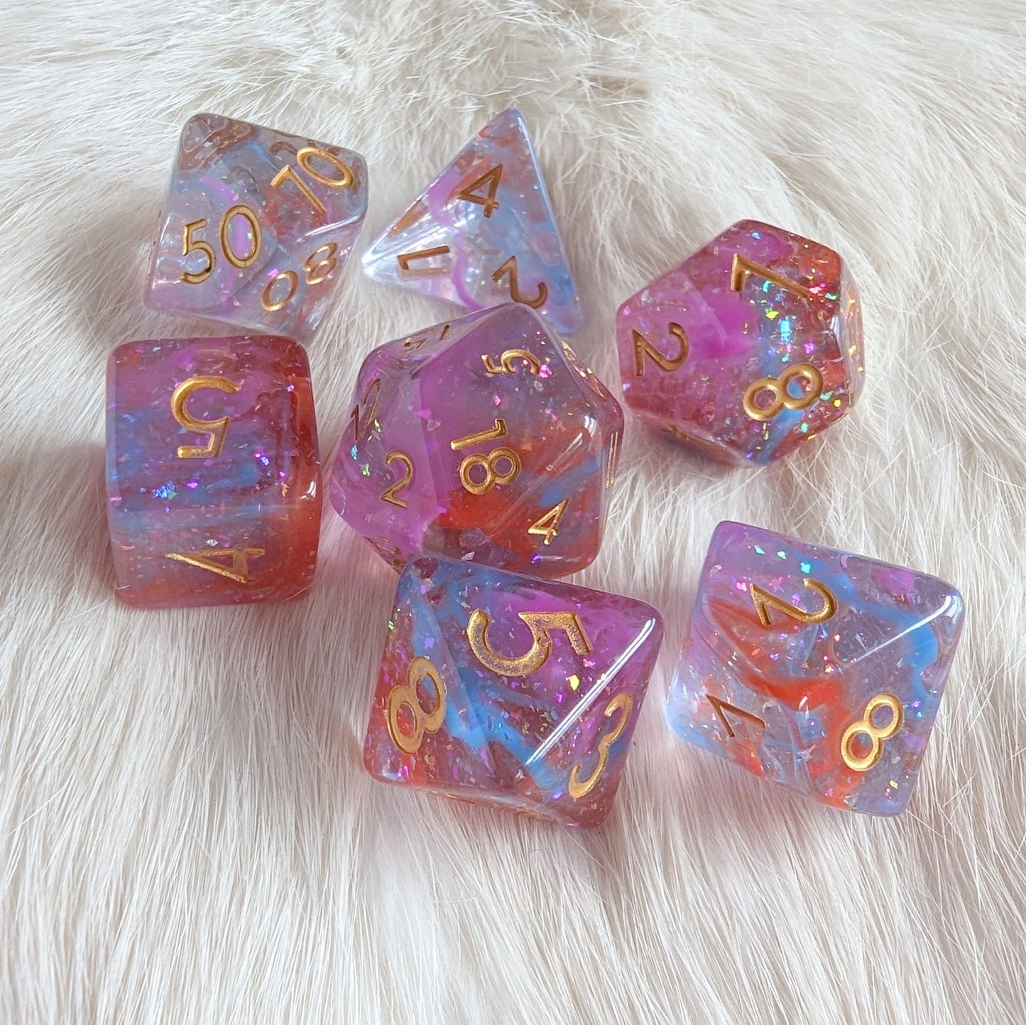 Bard's Enchantment Dice Set. Purple, Red, and Blue Glittering Dice