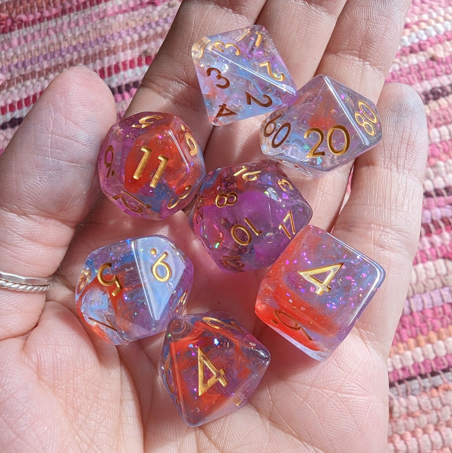 Bard's Enchantment Dice Set. Purple, Red, and Blue Glittering Dice
