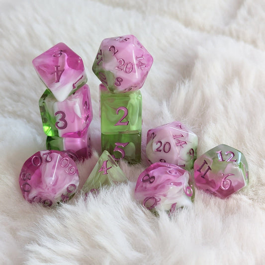 Bardic Inspiration Dice Set – 7-Piece Pink Green White DnD Dice | Fennek & Finch Dice Sets & Games Fennek and Finch