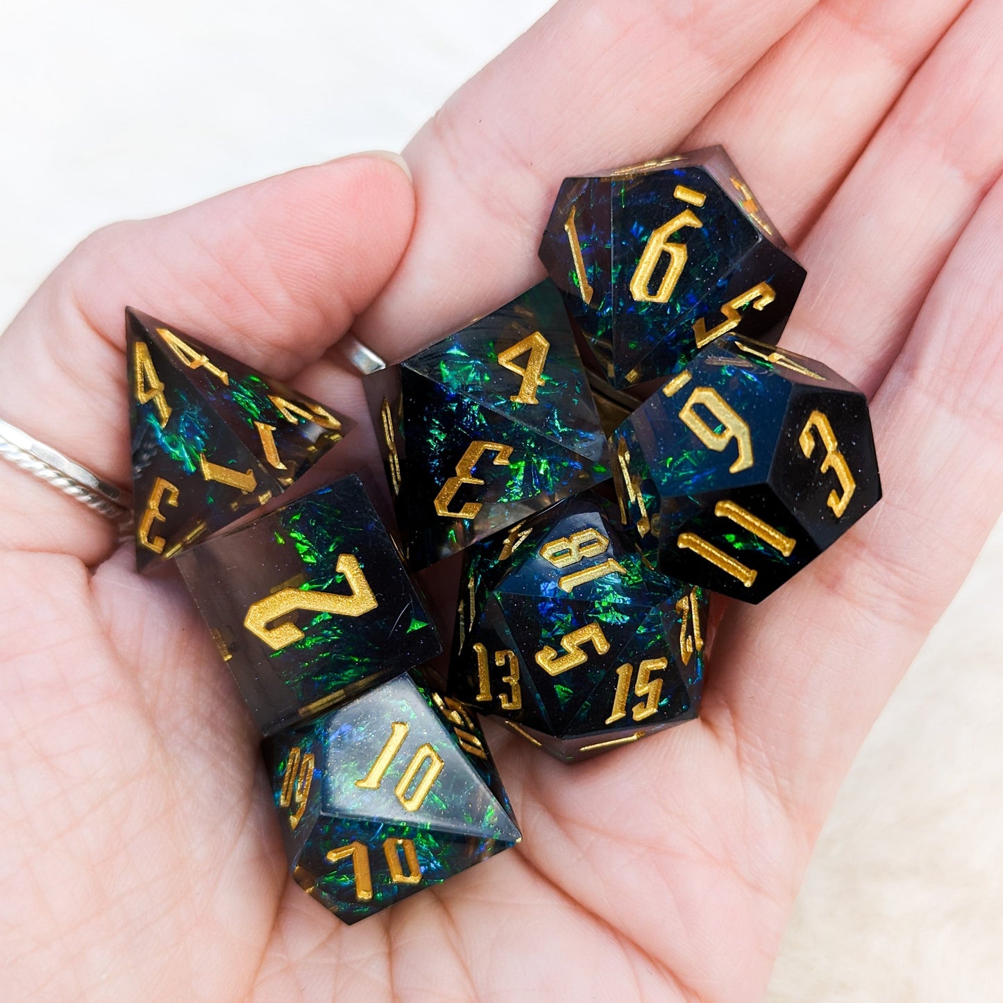Black and Blue Flash Sharp Edge Resin DnD Dice Set